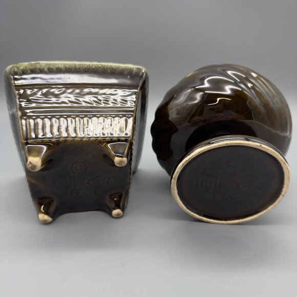 Vintage Hull Pottery USA Set of 2 Brown Green Drip Glaze Ceramic Planters MCM - Picture 15 of 16